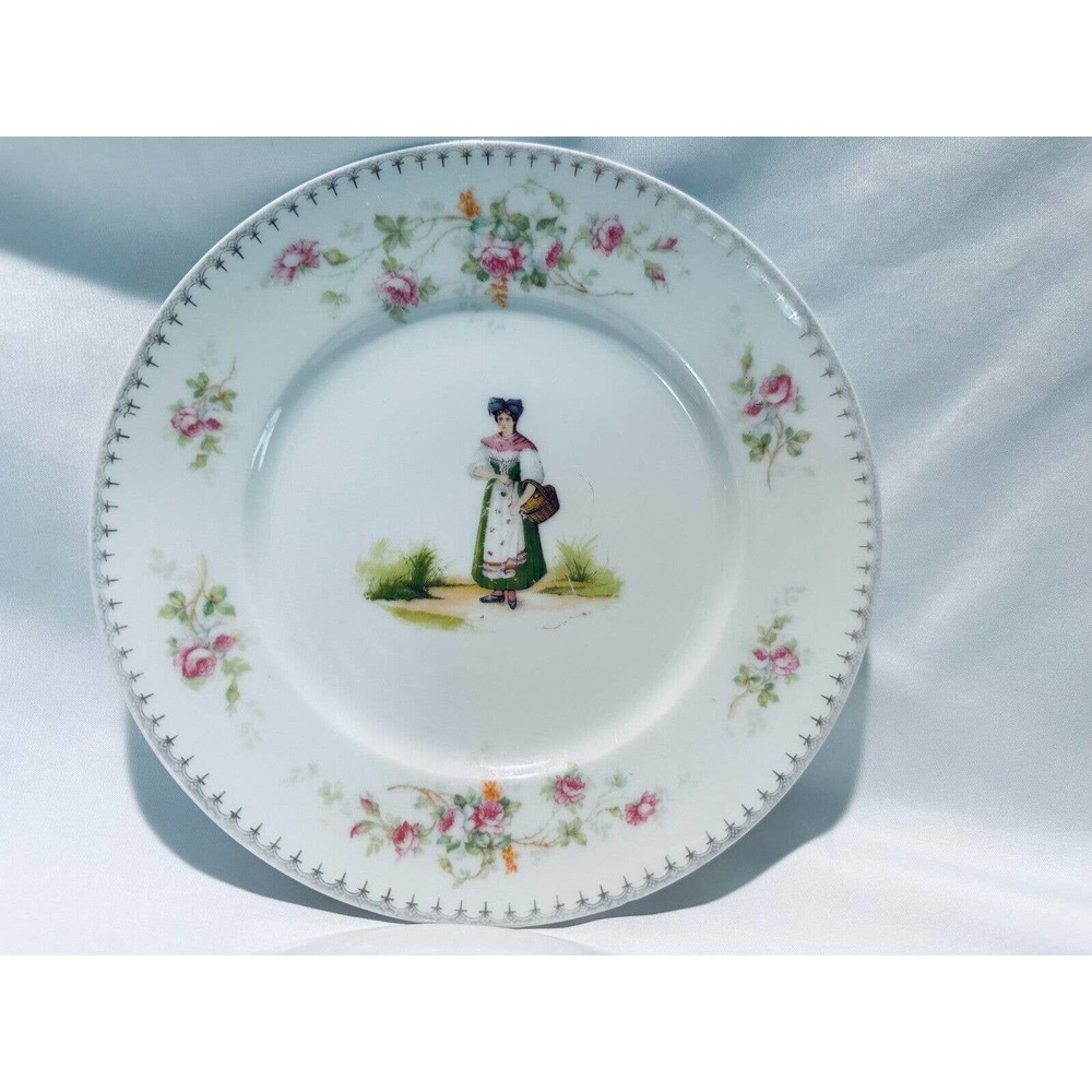 M.Z. Austria Antique 1884-1909 Plate 7.5"-Two Headed Eagle Mark-Lady w/Basket Fl